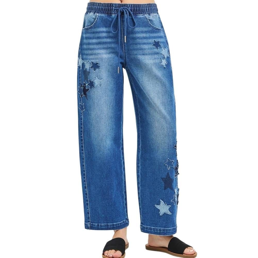 Blue Star-Embroidered Wide Leg Women’s Jeans Sz [4/6]